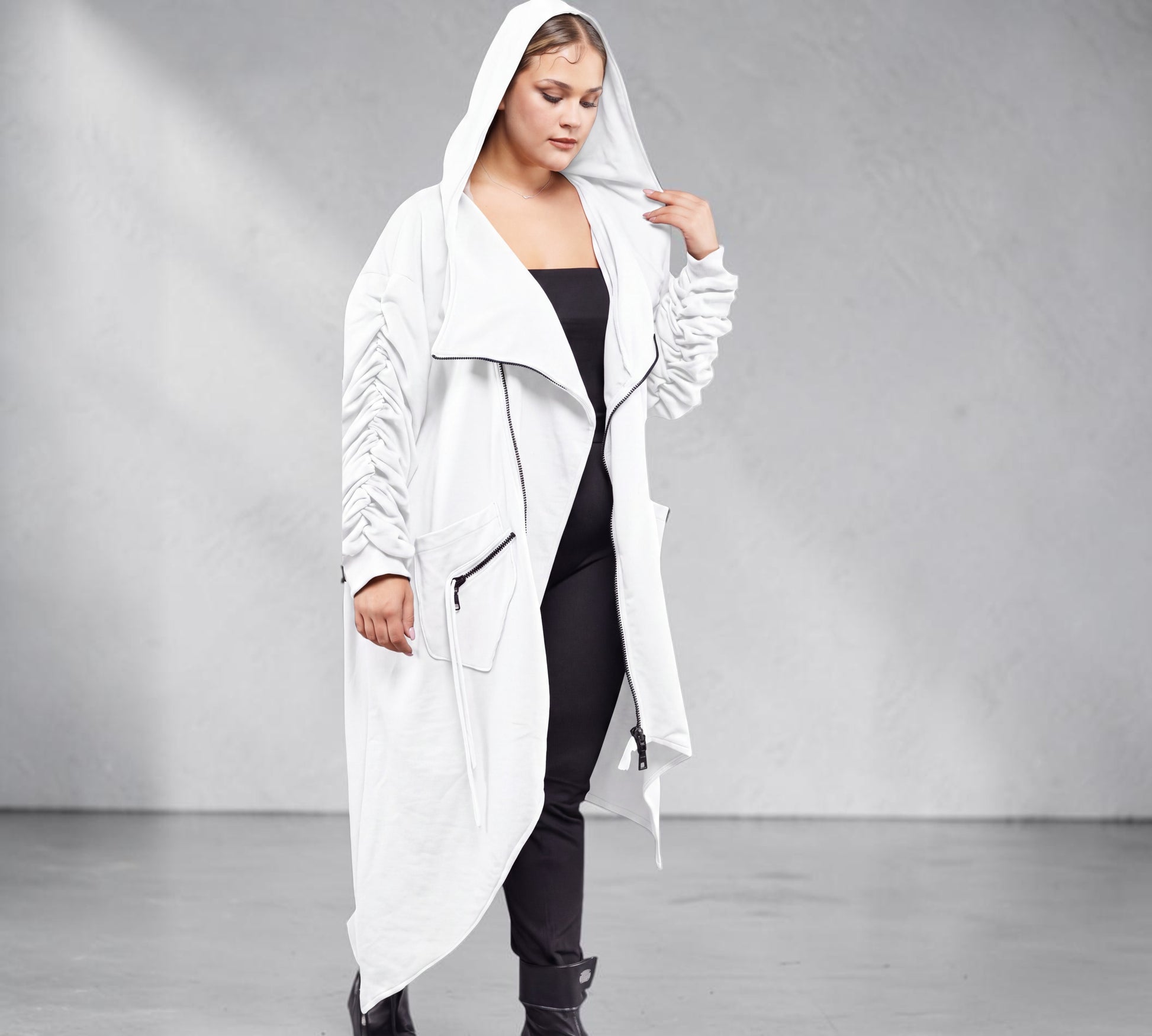 Plus Size White Asymmetrical Hooded Trench Coat - Above the Crowd Boutique