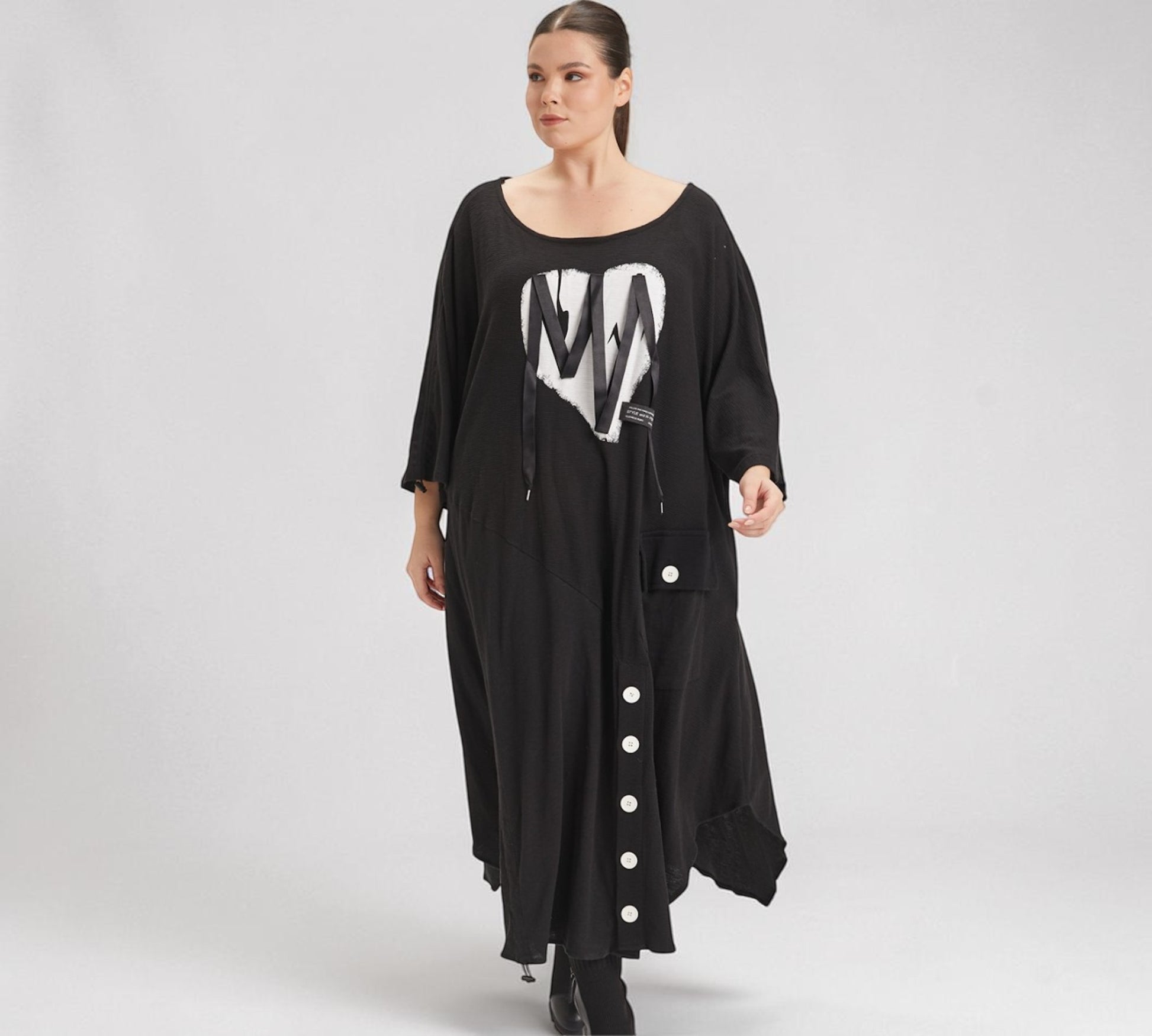 Plus Size Black Oversized Graphic Maxi Dress with Statement Buttons - Above the Crowd Boutique