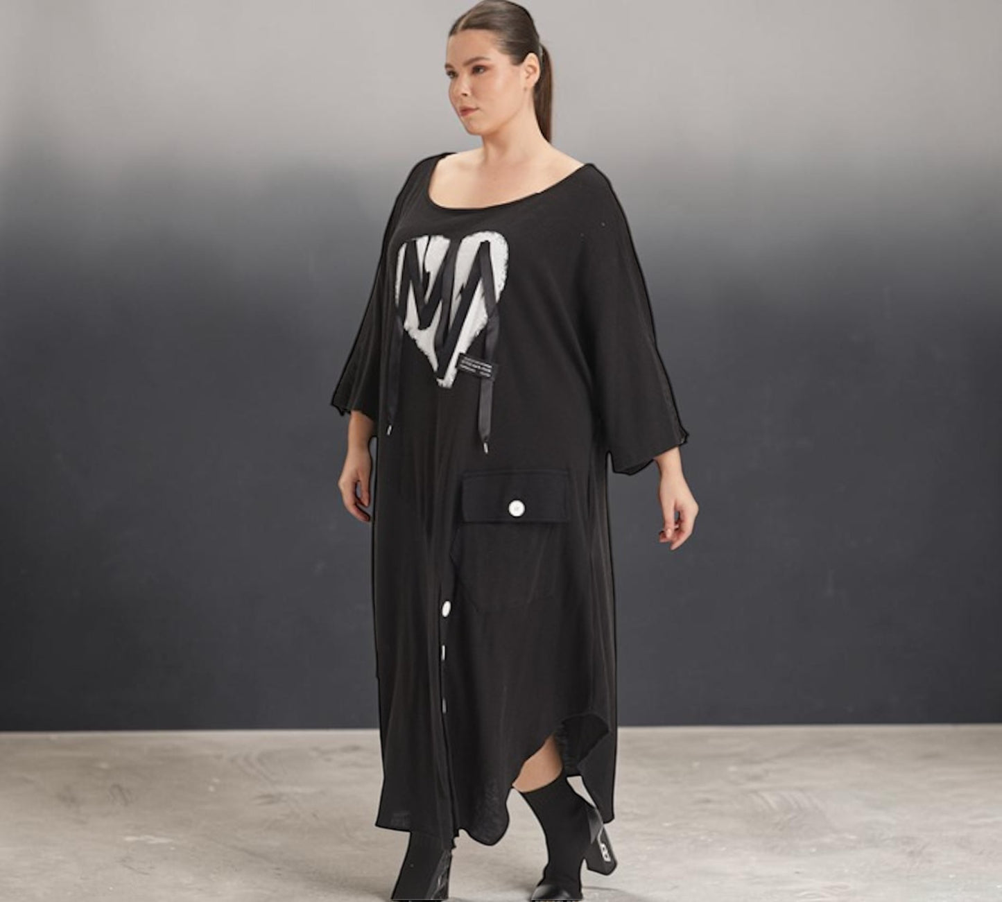 Plus Size Black Oversized Graphic Maxi Dress with Statement Buttons - Above the Crowd Boutique