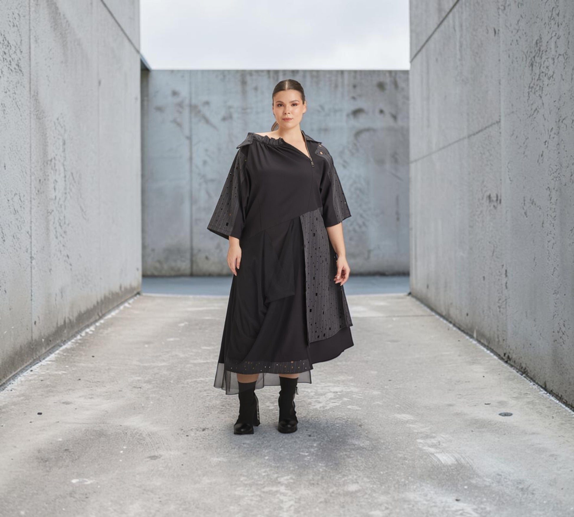 Black Asymmetrical Mixed-Media Midi Dress - Above the Crowd Boutique