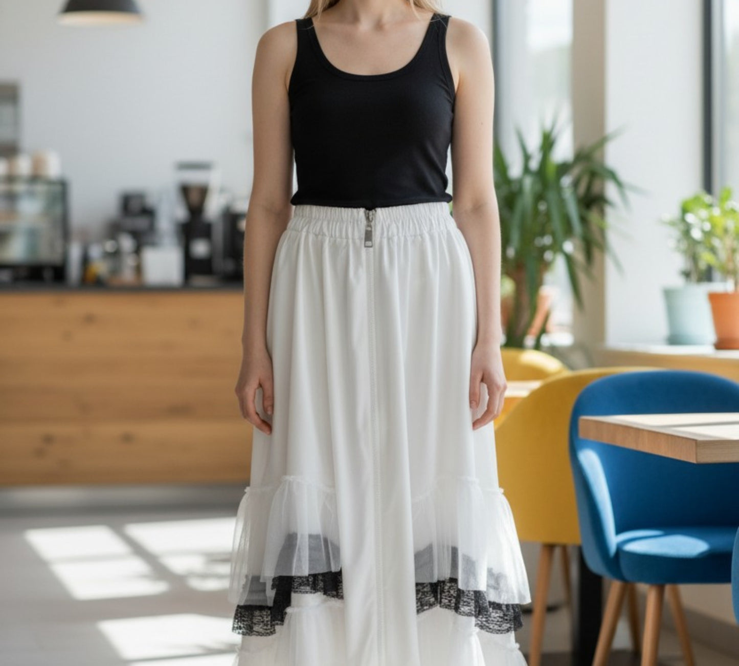 H-4 Layered Tulle & Lace Midi Skirt