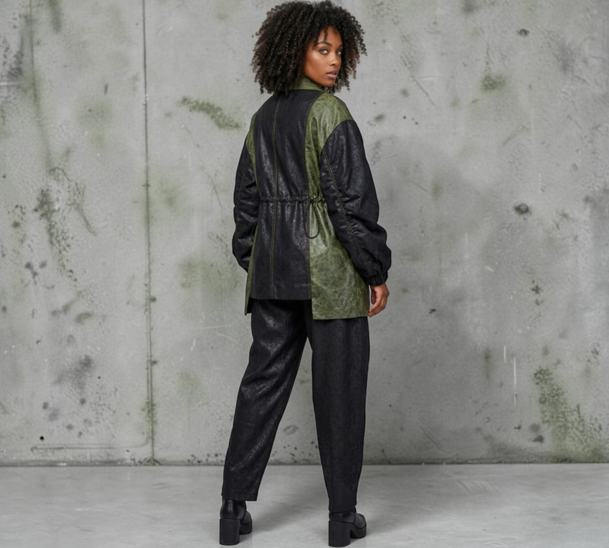 Two-Tone Black & Olive Drawstring Statement Jacket - Above the Crowd Boutique