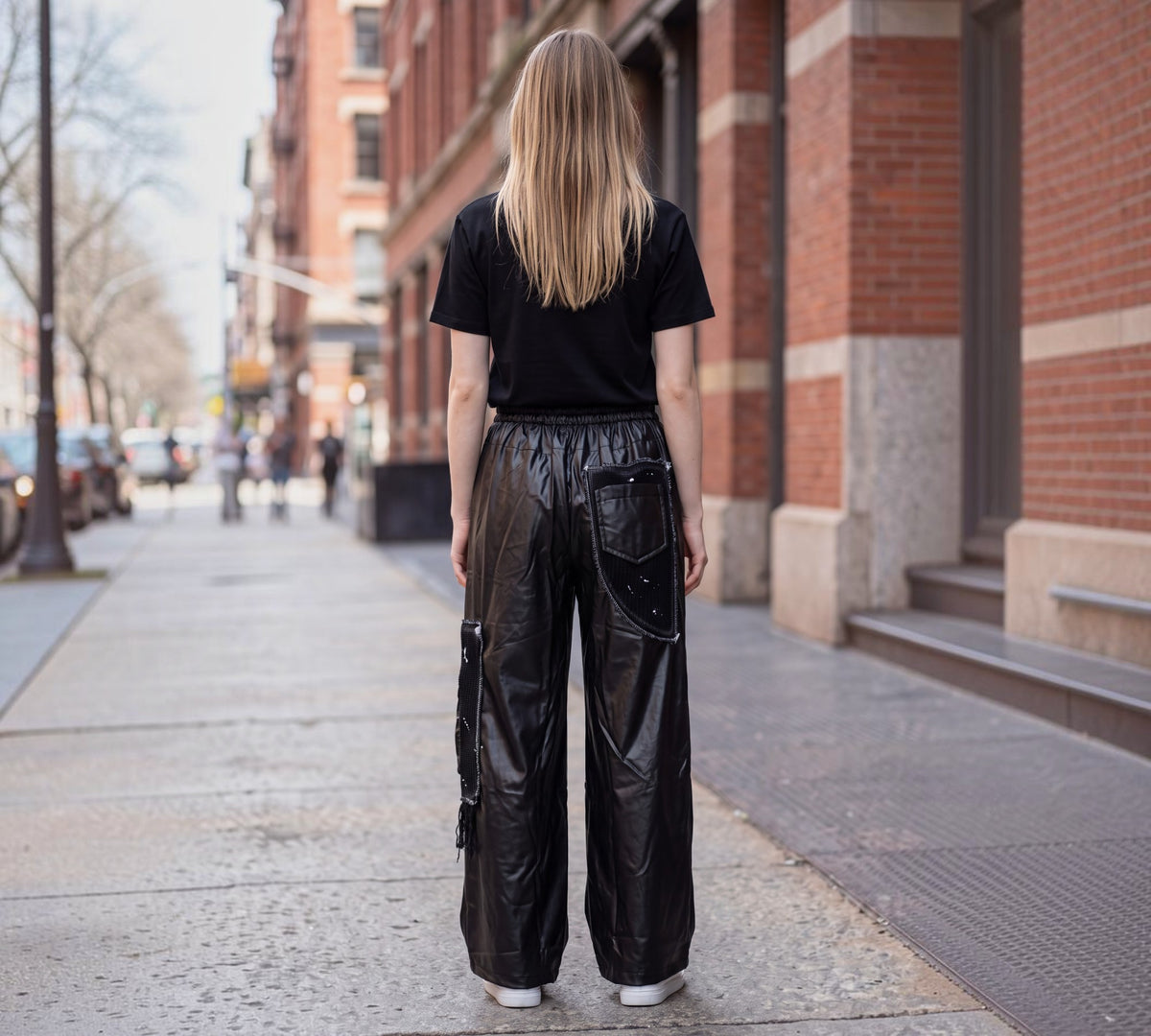 Black Faux Leather Wide-Leg Cargo Pants with Mixed-Media Patch Pockets - Above the Crowd Boutique