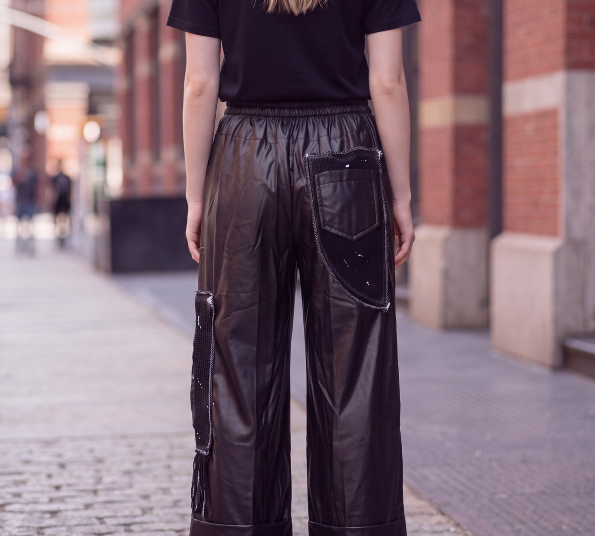 Black Faux Leather Wide-Leg Cargo Pants with Mixed-Media Patch Pockets - Above the Crowd Boutique