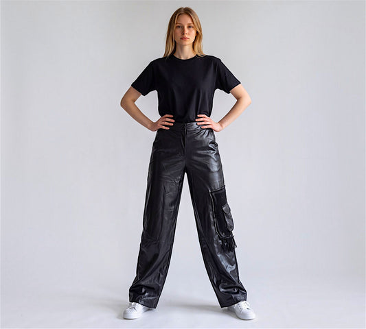 Black Faux Leather Wide-Leg Cargo Pants with Mixed-Media Patch Pockets - Above the Crowd Boutique