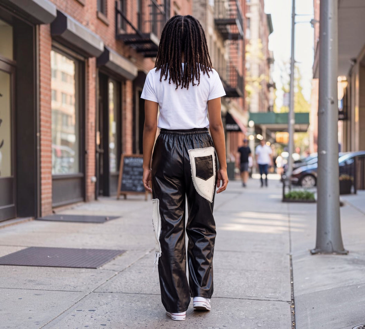 Black Faux Leather Wide-Leg Cargo Pants with Mixed-Media Patch Pockets - Above the Crowd Boutique