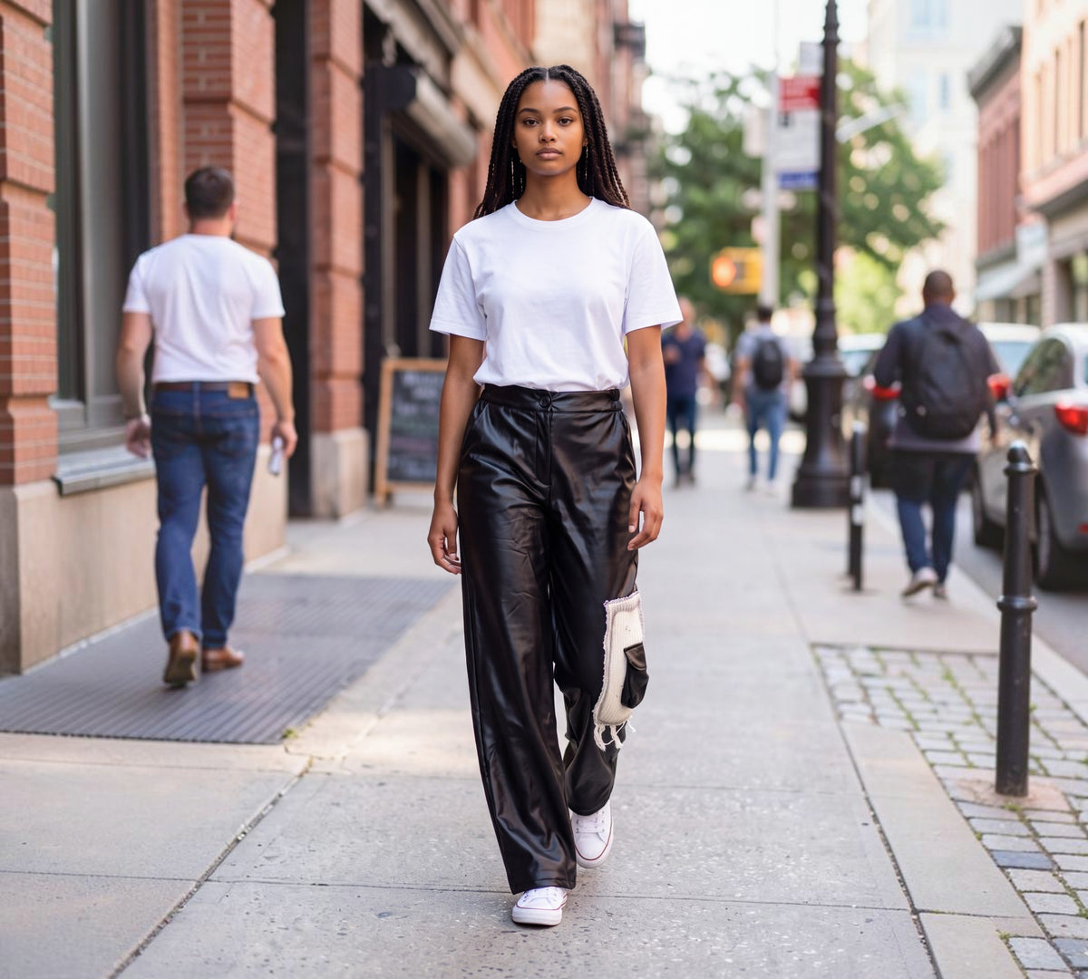 Black Faux Leather Wide-Leg Cargo Pants with Mixed-Media Patch Pockets - Above the Crowd Boutique