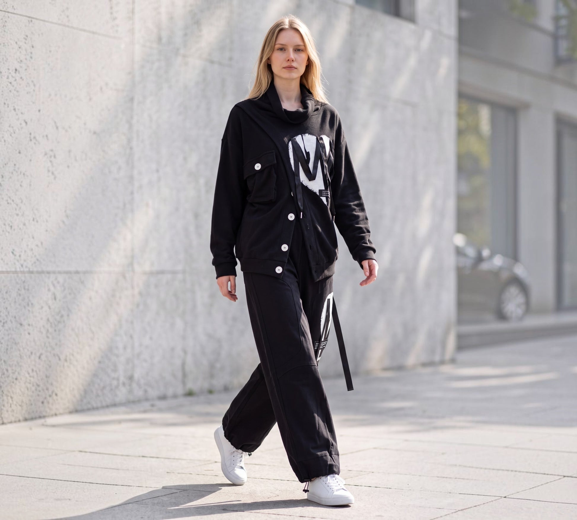 Wide-Leg Utility Pants with Graphic Ribbon Detail Above the Crowd Boutique