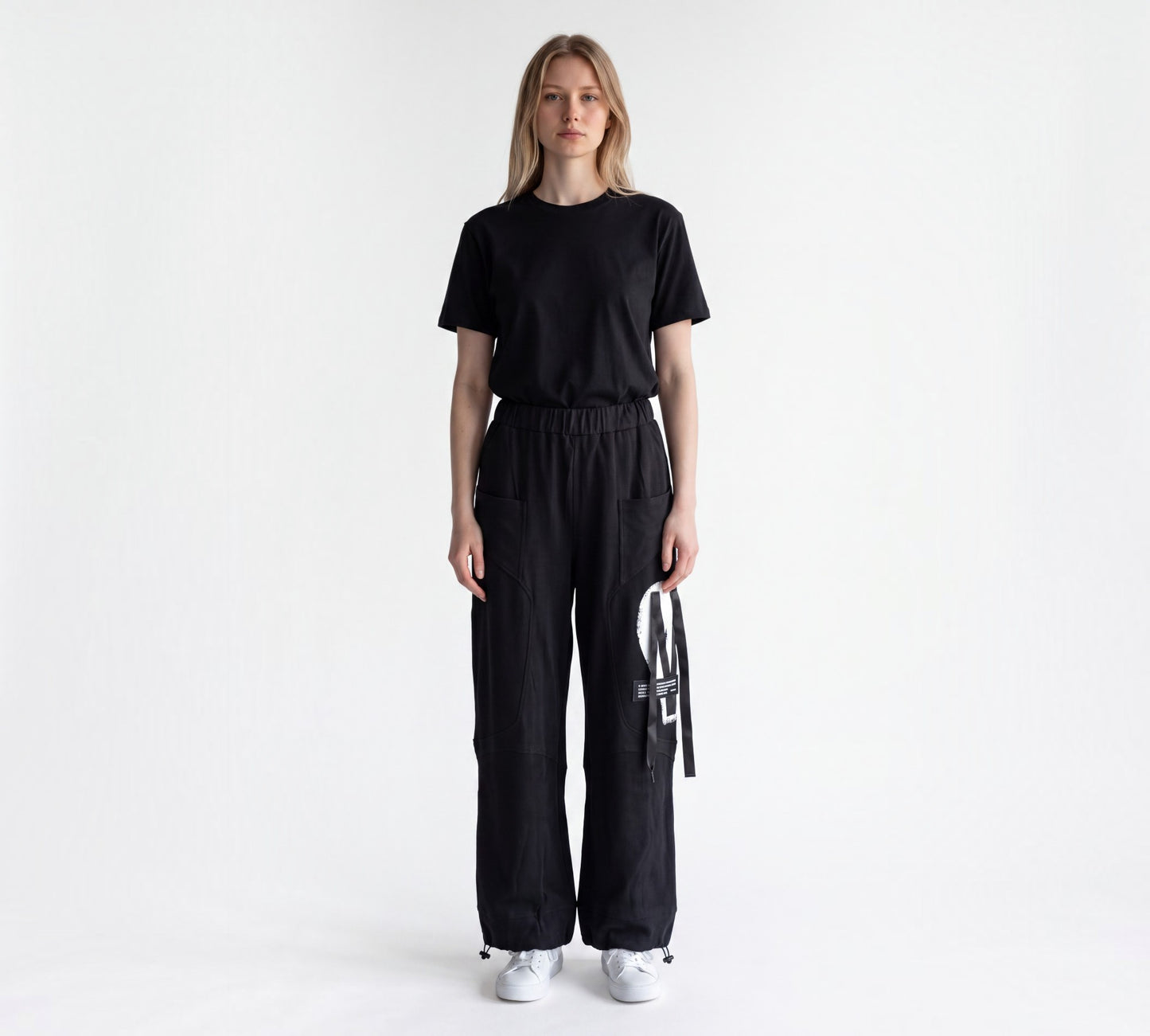 Wide-Leg Utility Pants with Graphic Ribbon Detail Above the Crowd Boutique