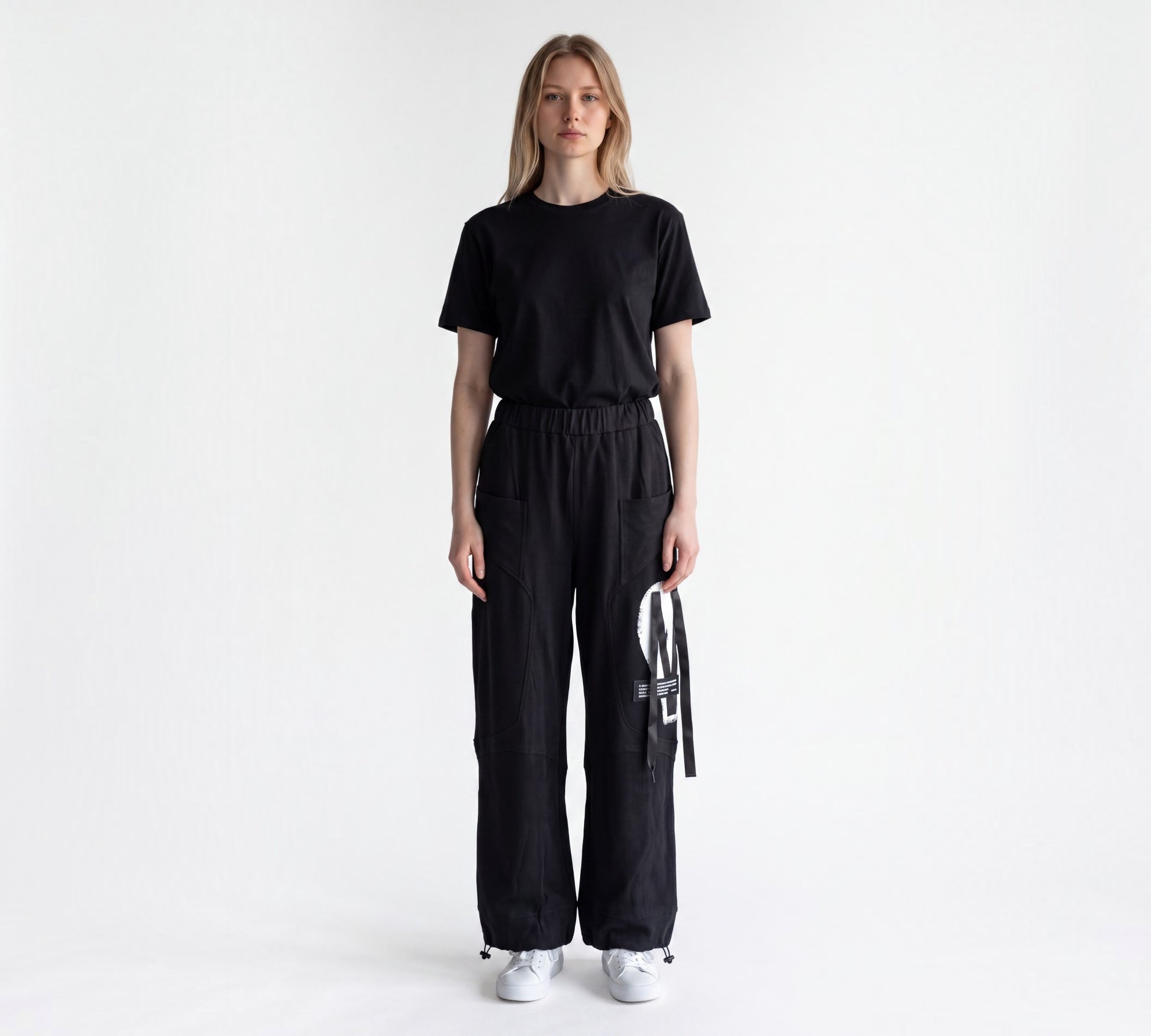 Wide-Leg Utility Pants with Graphic Ribbon Detail Above the Crowd Boutique