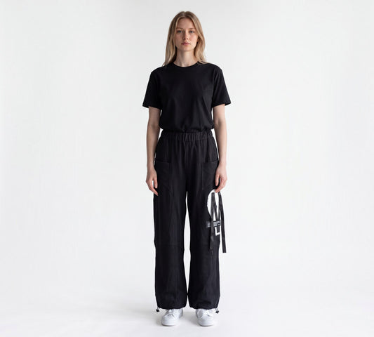 Wide-Leg Utility Pants with Graphic Ribbon Detail Above the Crowd Boutique