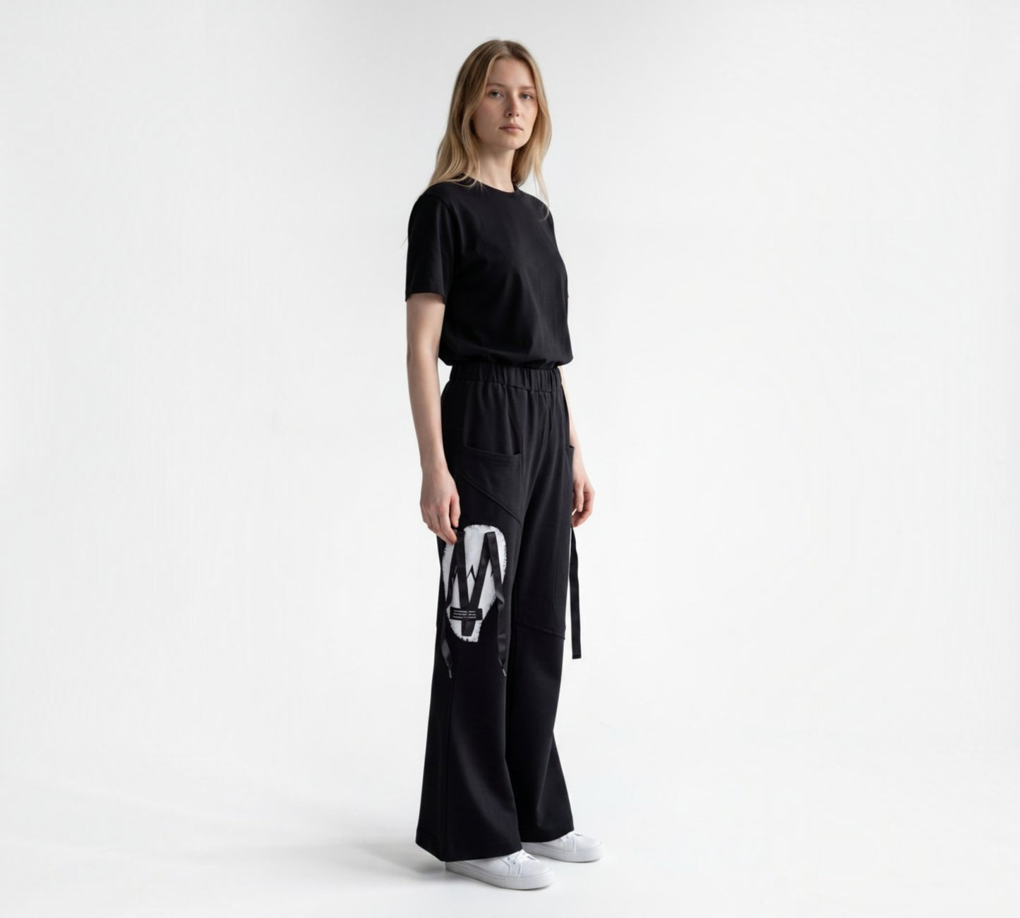 Wide-Leg Utility Pants with Graphic Ribbon Detail Above the Crowd Boutique