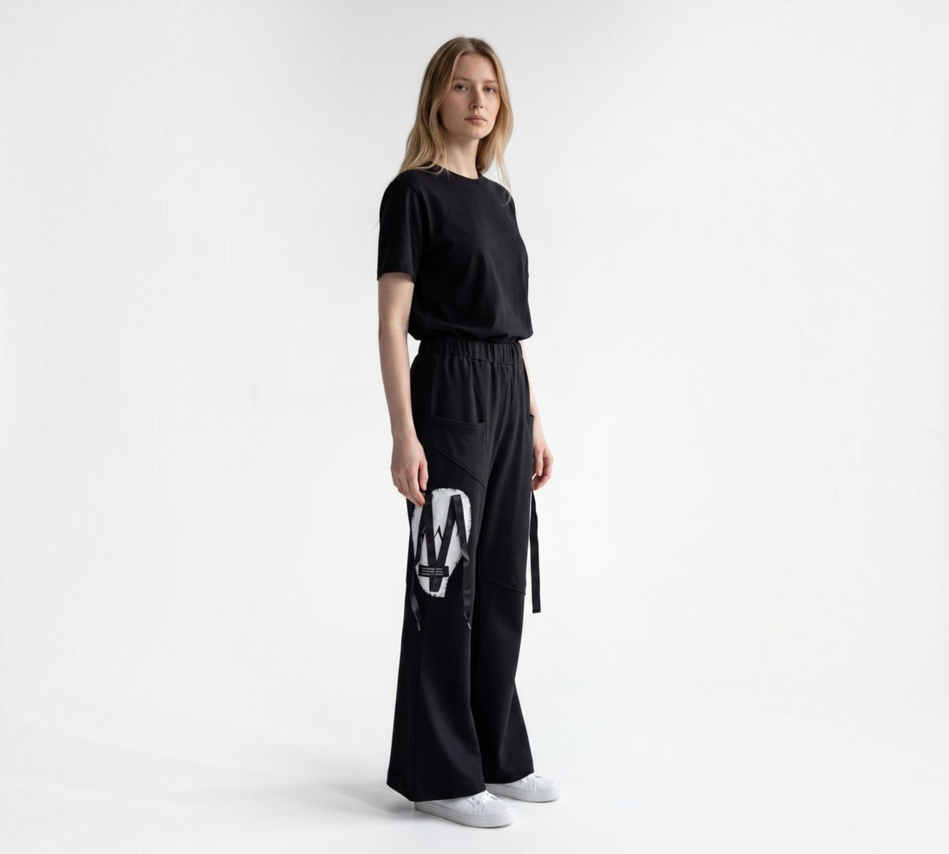 Wide-Leg Utility Pants with Graphic Ribbon Detail Above the Crowd Boutique