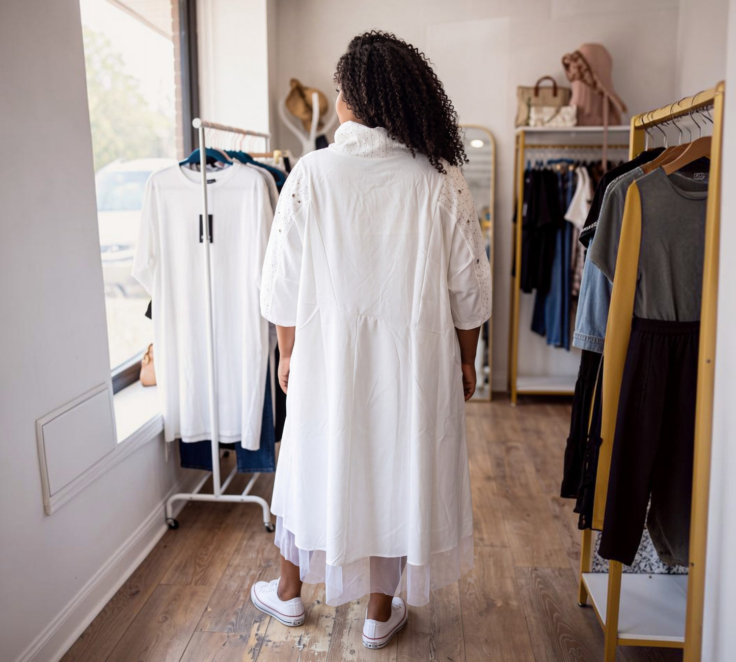 Asymmetrical Mixed-Media Midi Dress