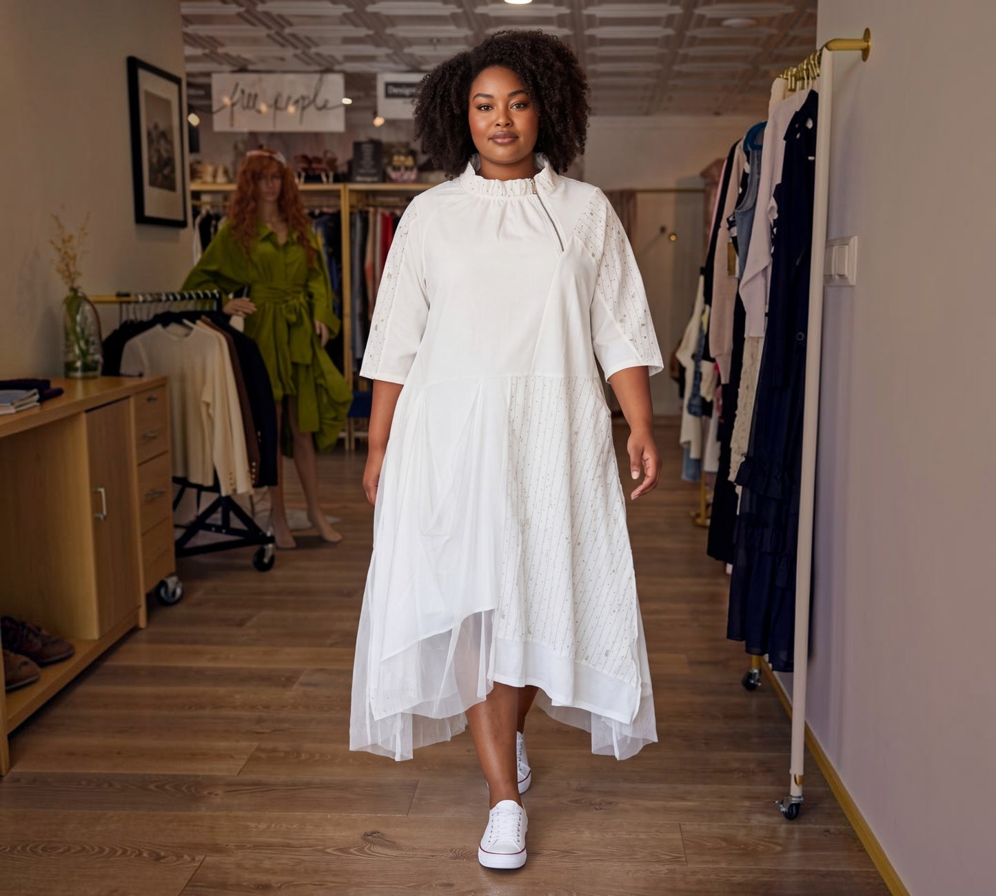Asymmetrical Mixed-Media Midi Dress