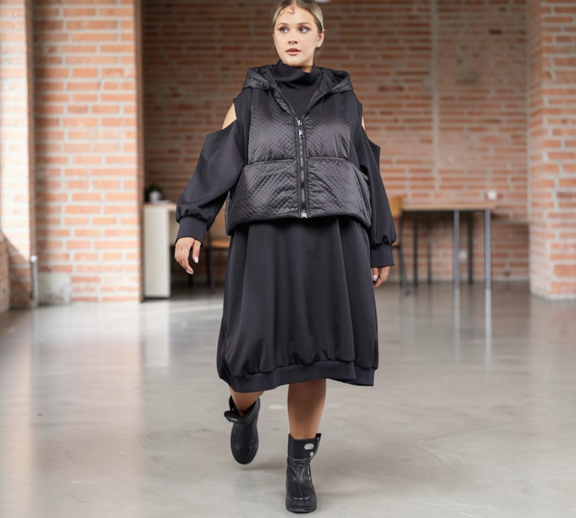 Plus Size Black Cold-Shoulder Dress with Quilted Hooded Vest Detail -  Above the Crowd Boutique