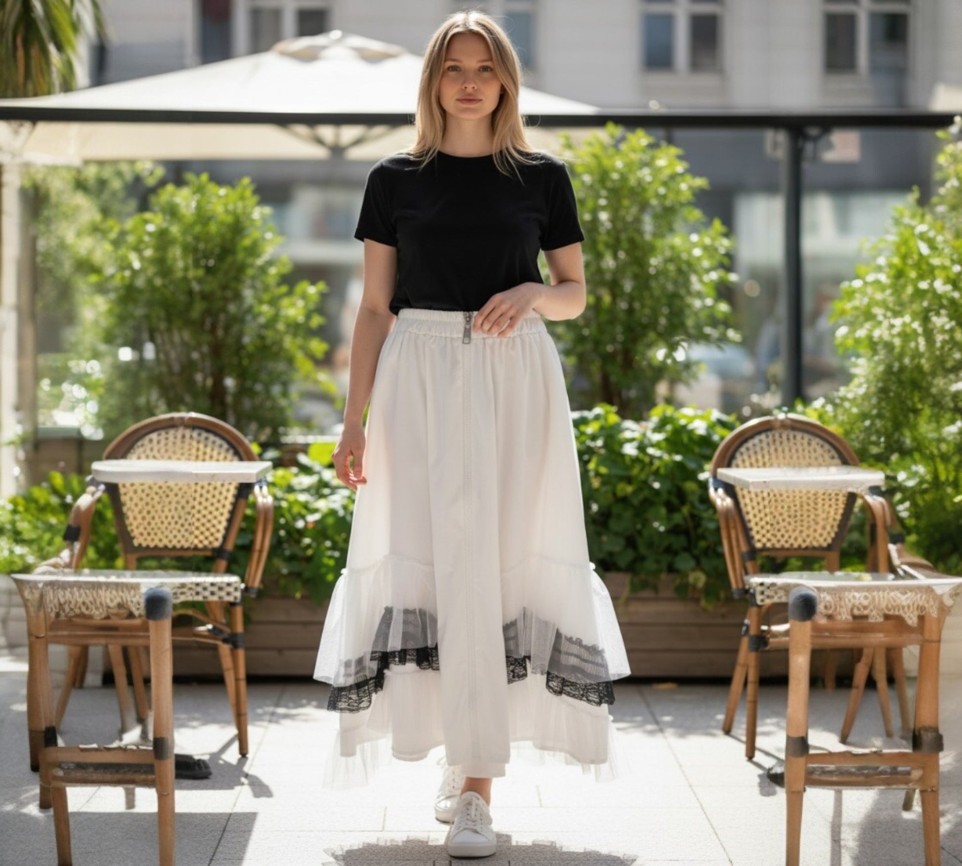 H-4 Layered Tulle & Lace Midi Skirt