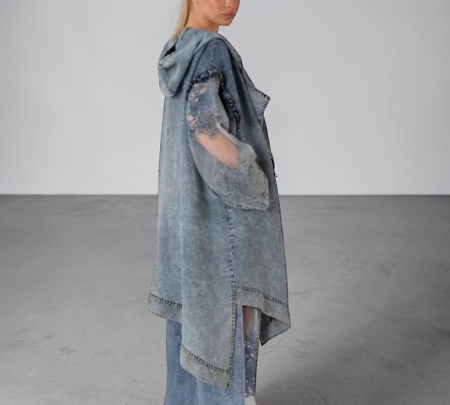 H-4 Acid-Wash Denim Trench Coat with Sheer Floral Lace Sleeves - Above the Crowd Boutique