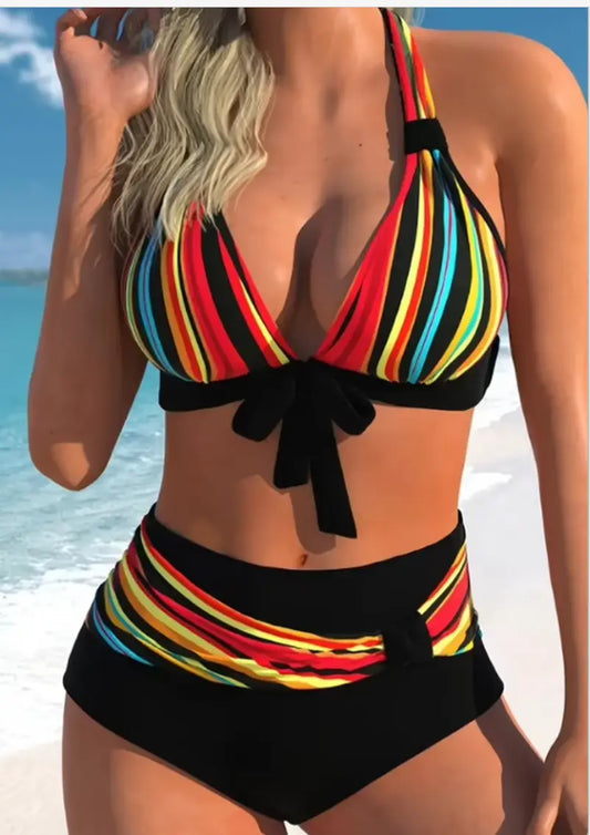 High Waist Striped Bikini Set - Retro Chic Swimsuit for Women Janes