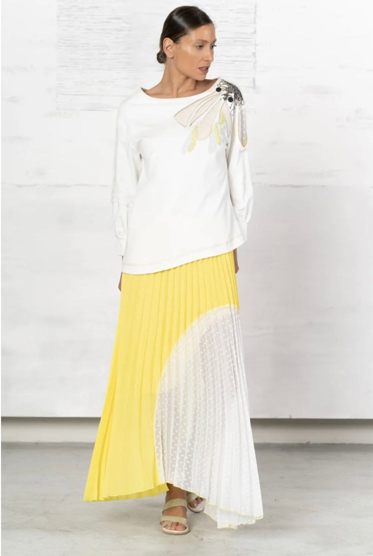 Elisa Cavaletti White and Yellow Pleated Skirt ELP233040601