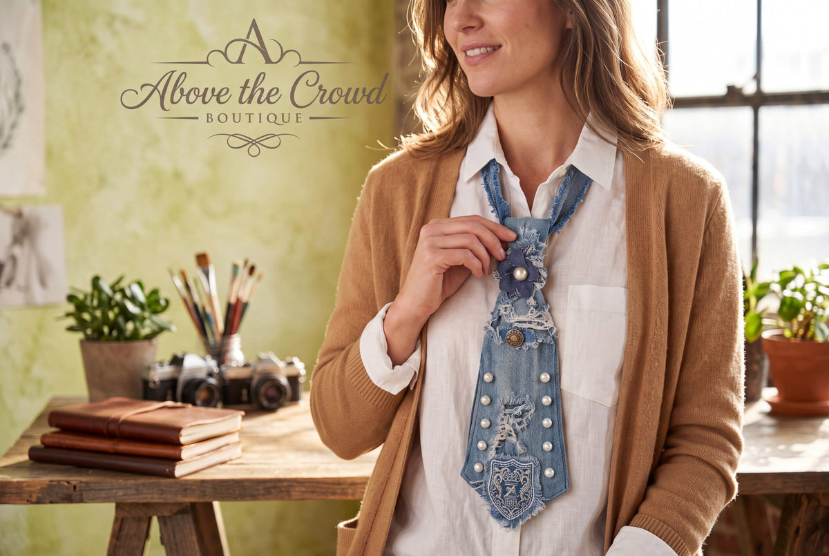Handmade Distressed Denim Statement Necktie - Above the Crowd Boutique