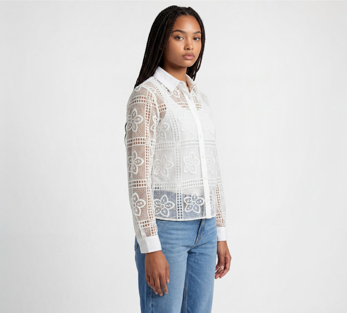 Floral Lace Mesh Button-Up Shirt - Above the Crowd Boutique