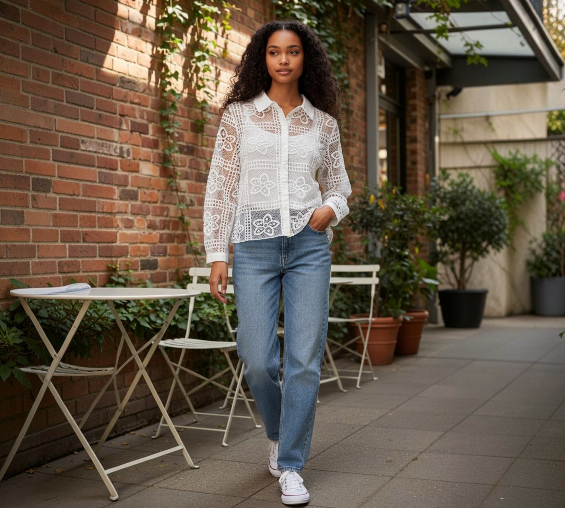 Floral Lace Mesh Button-Up Shirt - Above the Crowd Boutique