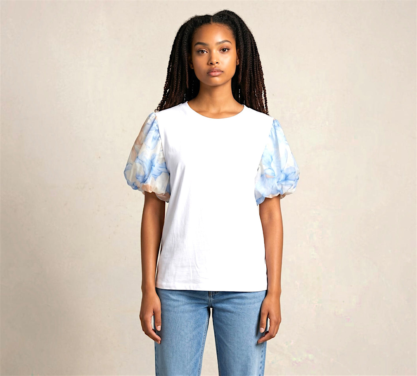 Floral Puff Sleeve Contrast T-Shirt - Above the Crowd Boutique