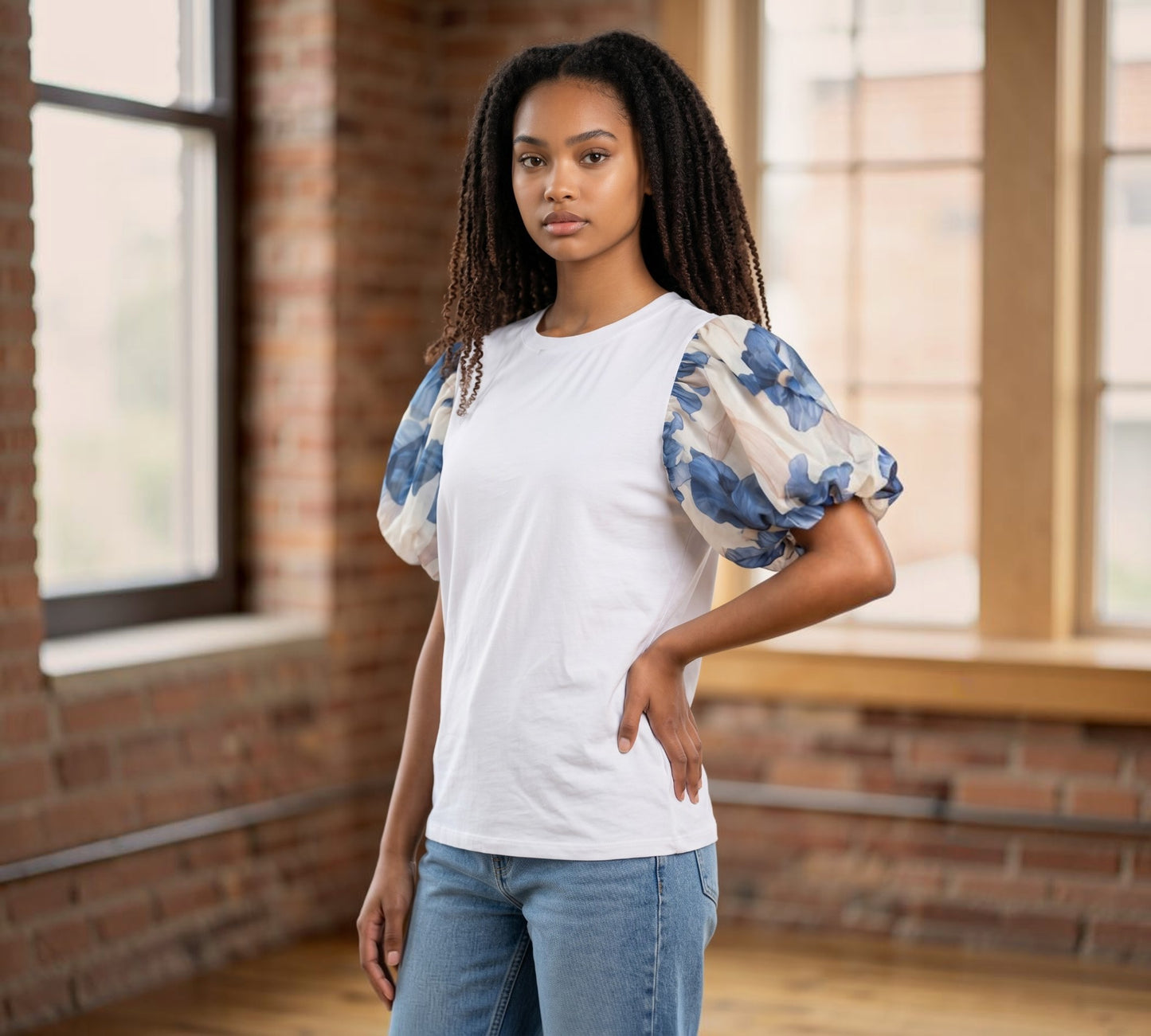 Floral Puff Sleeve Contrast T-Shirt - Above the Crowd Boutique