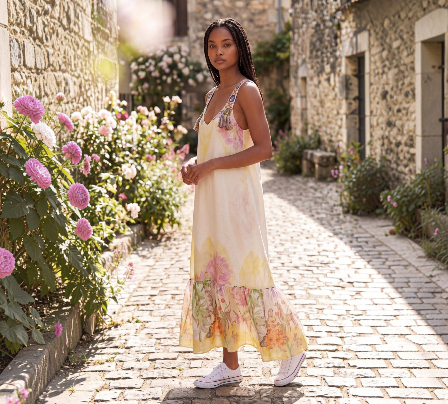 Bohemian Maxi Dress - Artisan Embroidered Straps, Floral Print - Above The Crowd Boutique Karma