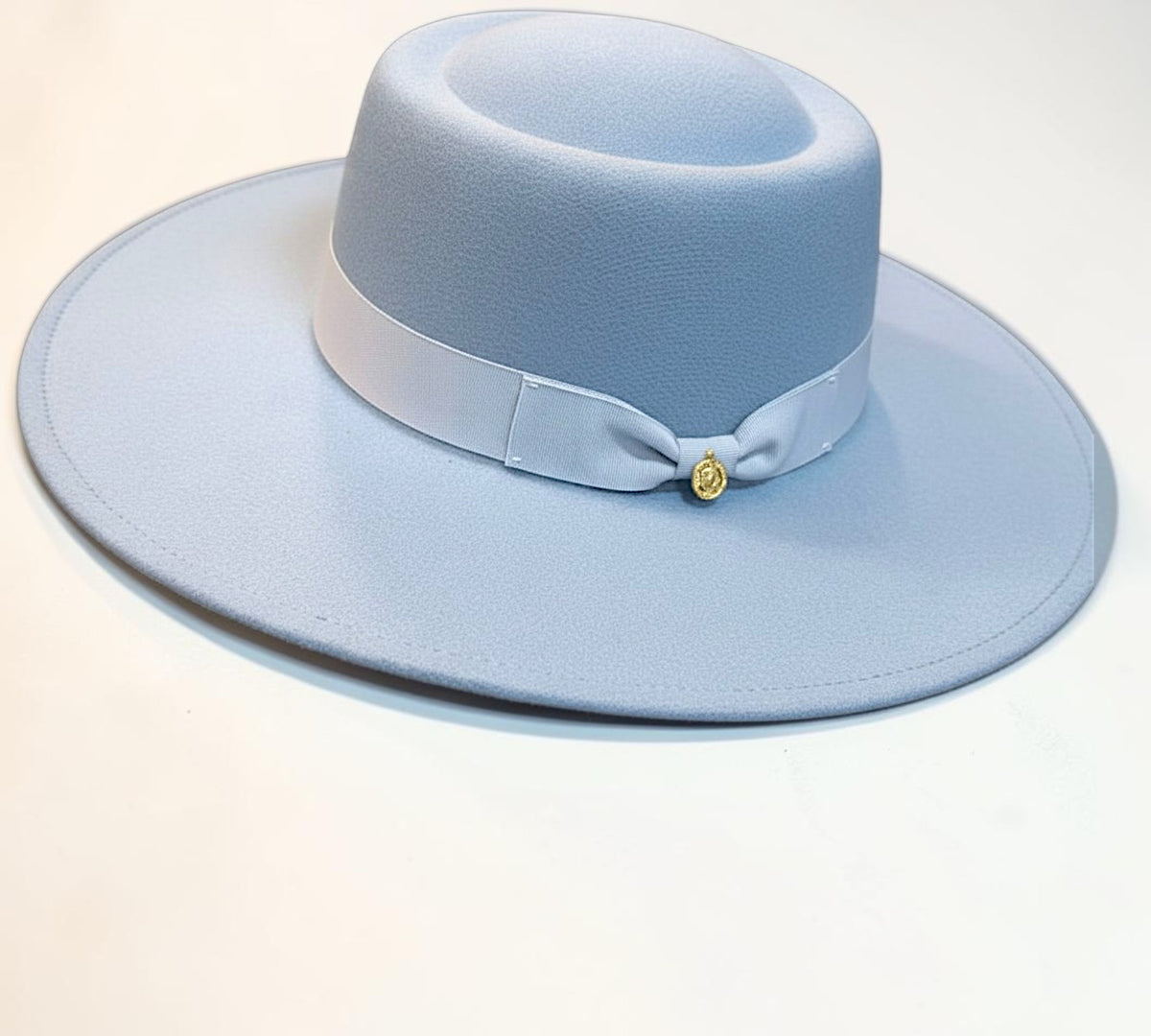 Powder Blue Wide-Brim Fedora Hat with Bow And Gold-Tone Medallion - Above the Crowd Boutique