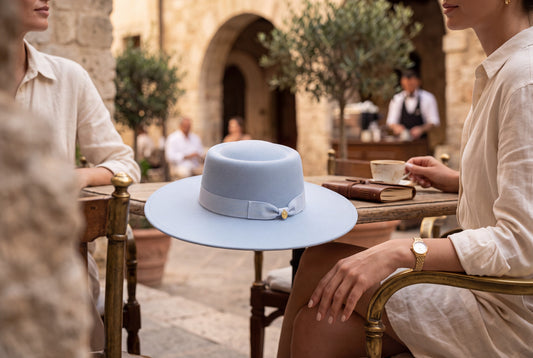 Powder Blue Wide-Brim Fedora Hat with Bow And Gold-Tone Medallion - Above the Crowd Boutique