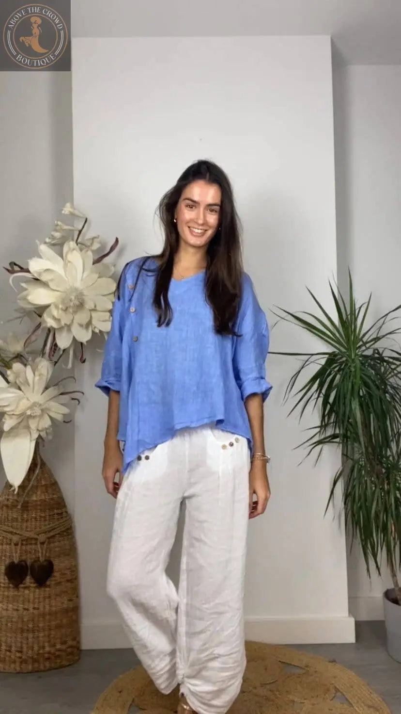 Linen And More 100% LINEN SIDE BUTTON BLOUSE Linen & More