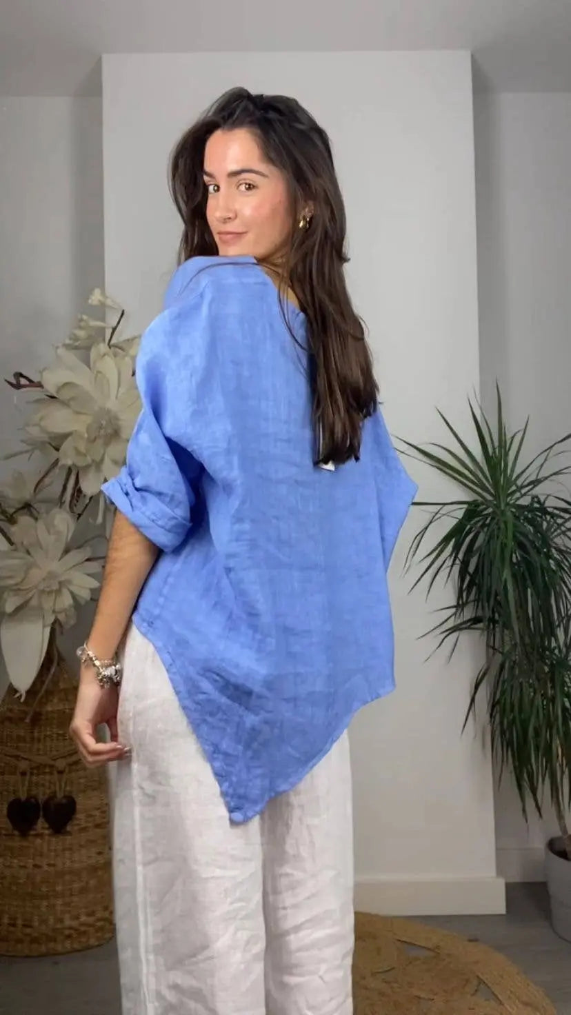 Linen And More 100% LINEN SIDE BUTTON BLOUSE Linen & More