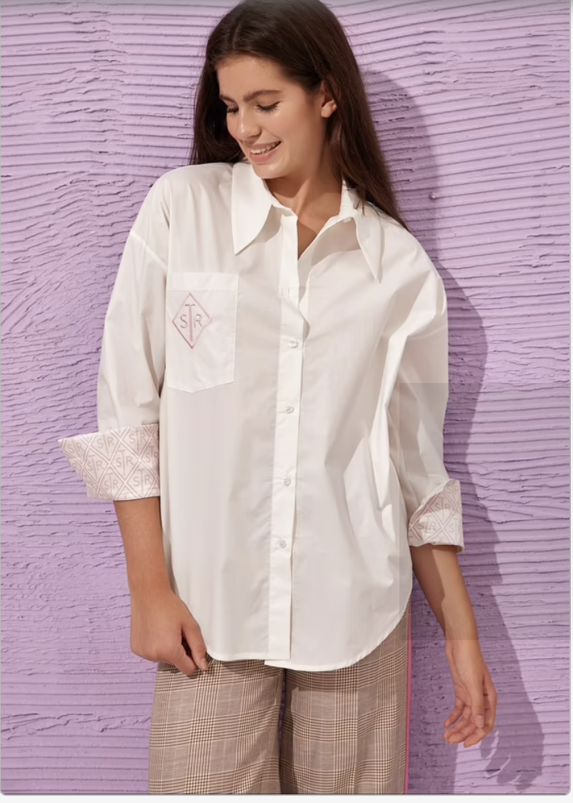 Lonca Ecru & Pink Cotton Shirt - European Style, Embroidered Detail Lonca