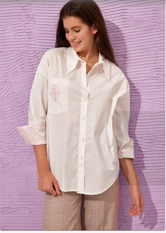 Lonca Ecru & Pink Cotton Shirt - European Style, Embroidered Detail Lonca