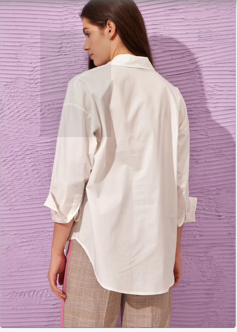 Lonca Ecru & Pink Cotton Shirt - European Style, Embroidered Detail Lonca