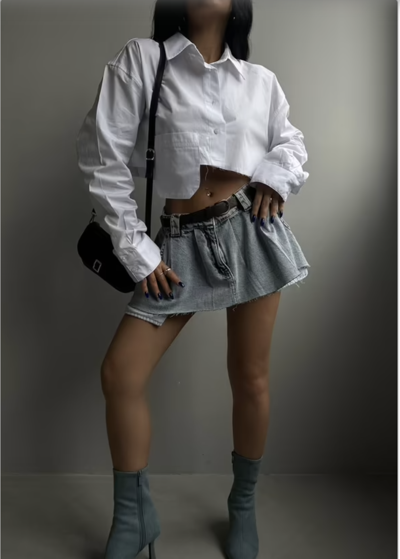 Lonca Laser Cut Cropped Shirt - White Cotton European Style Lonca