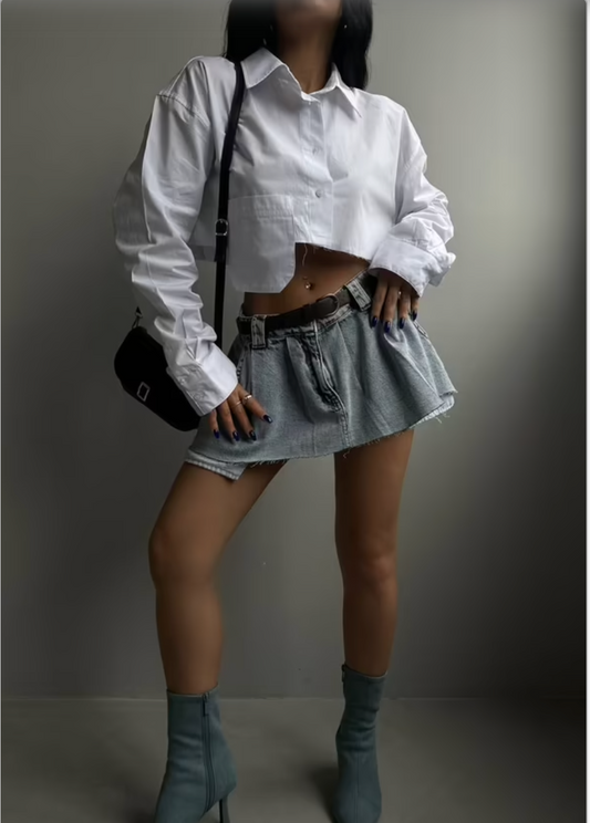 Lonca Laser Cut Cropped Shirt - White Cotton European Style Lonca