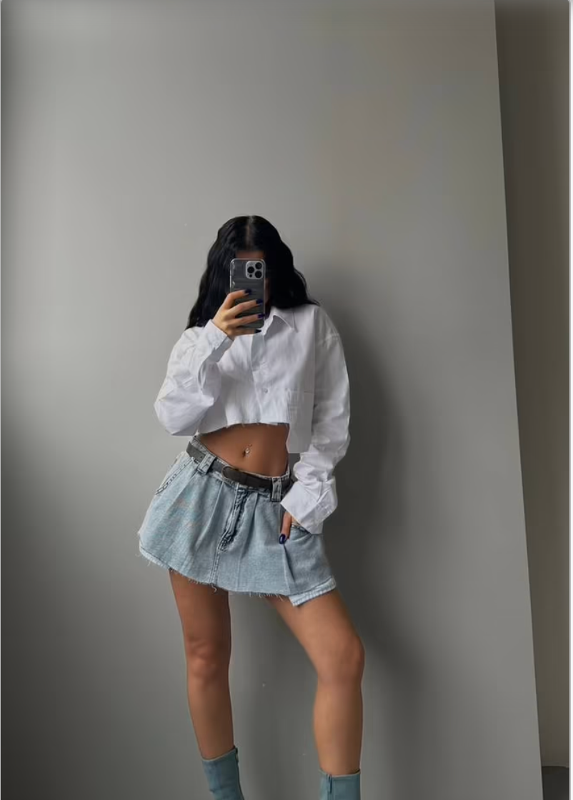 Lonca Laser Cut Cropped Shirt - White Cotton European Style Lonca