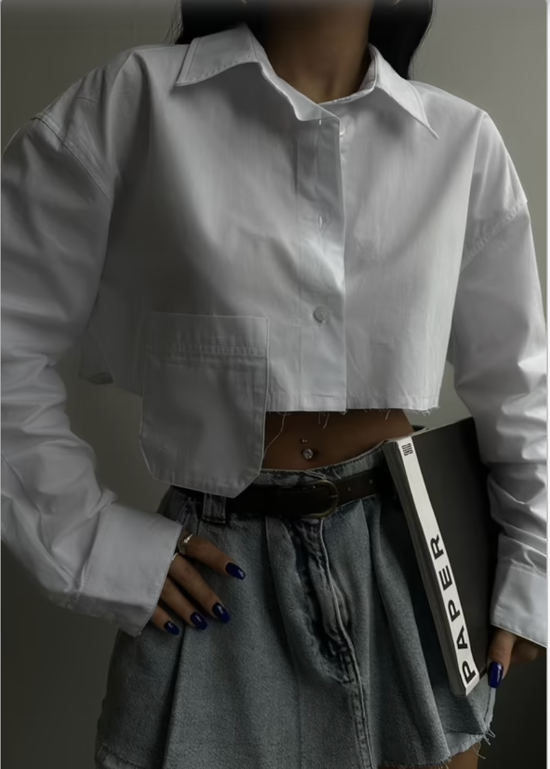 Lonca Laser Cut Cropped Shirt - White Cotton European Style Lonca