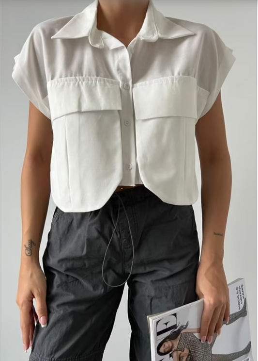 Lonca White Cropped Pocket Shirt | European Style Top Lonca