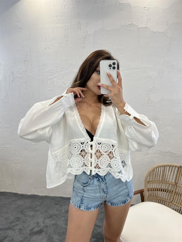 Lonca White Shirt With Lace FME11051 Lonca