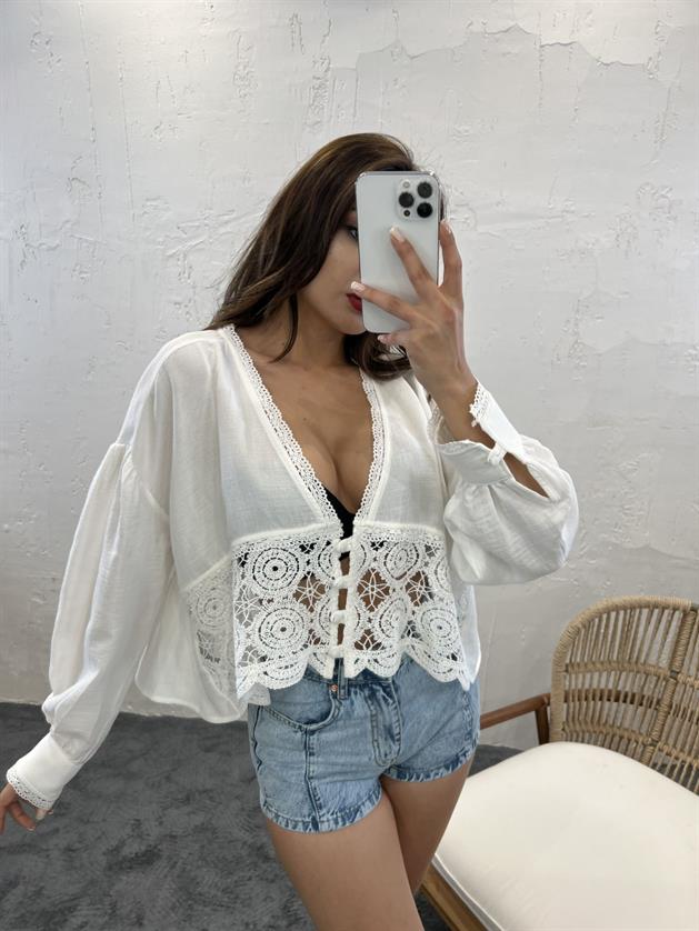 Lonca White Shirt With Lace FME11051 Lonca