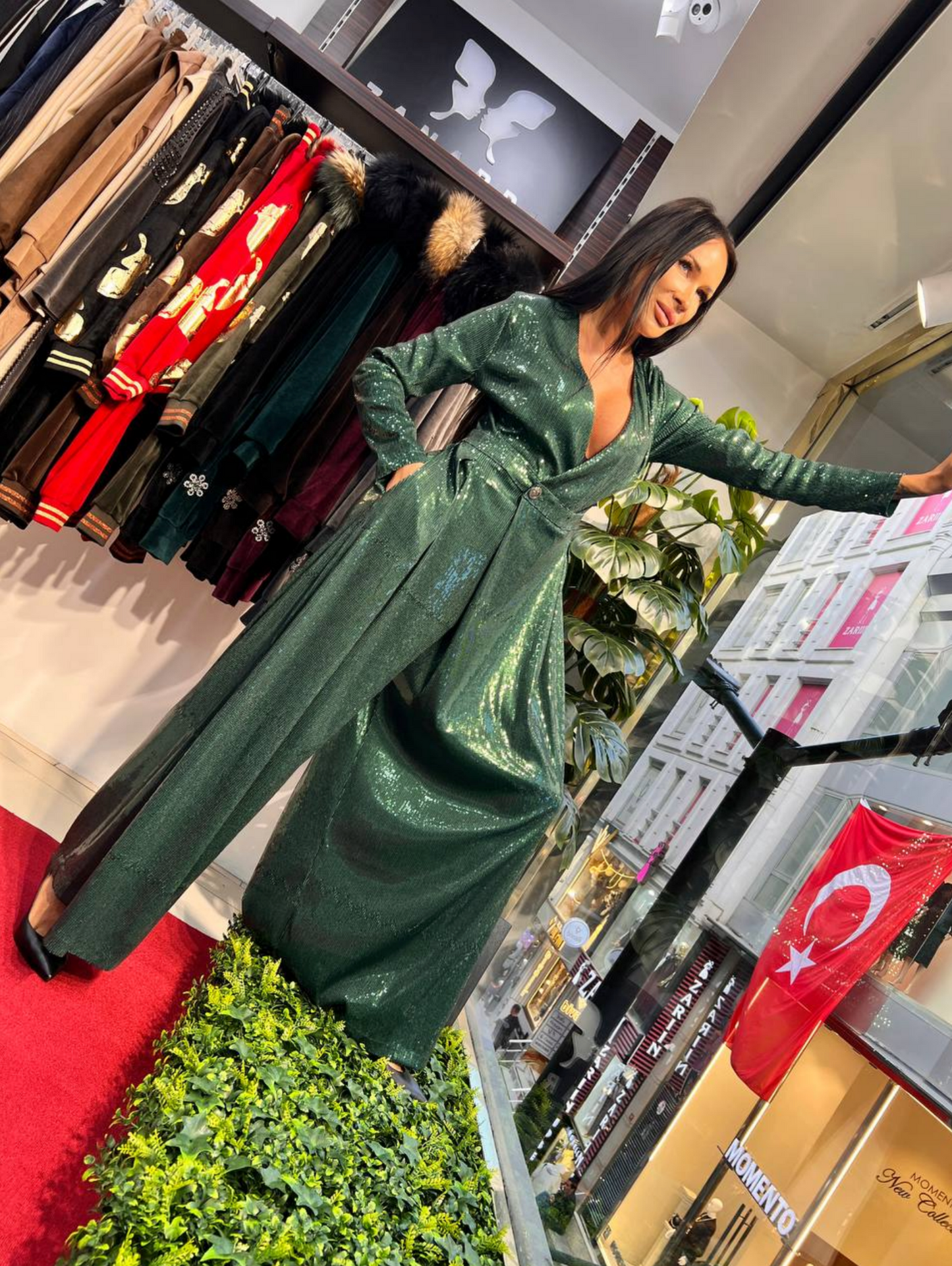 Zanardi Fashion Green Shimmer Wide-Leg Jumpsuit - Above the Crowd Boutique