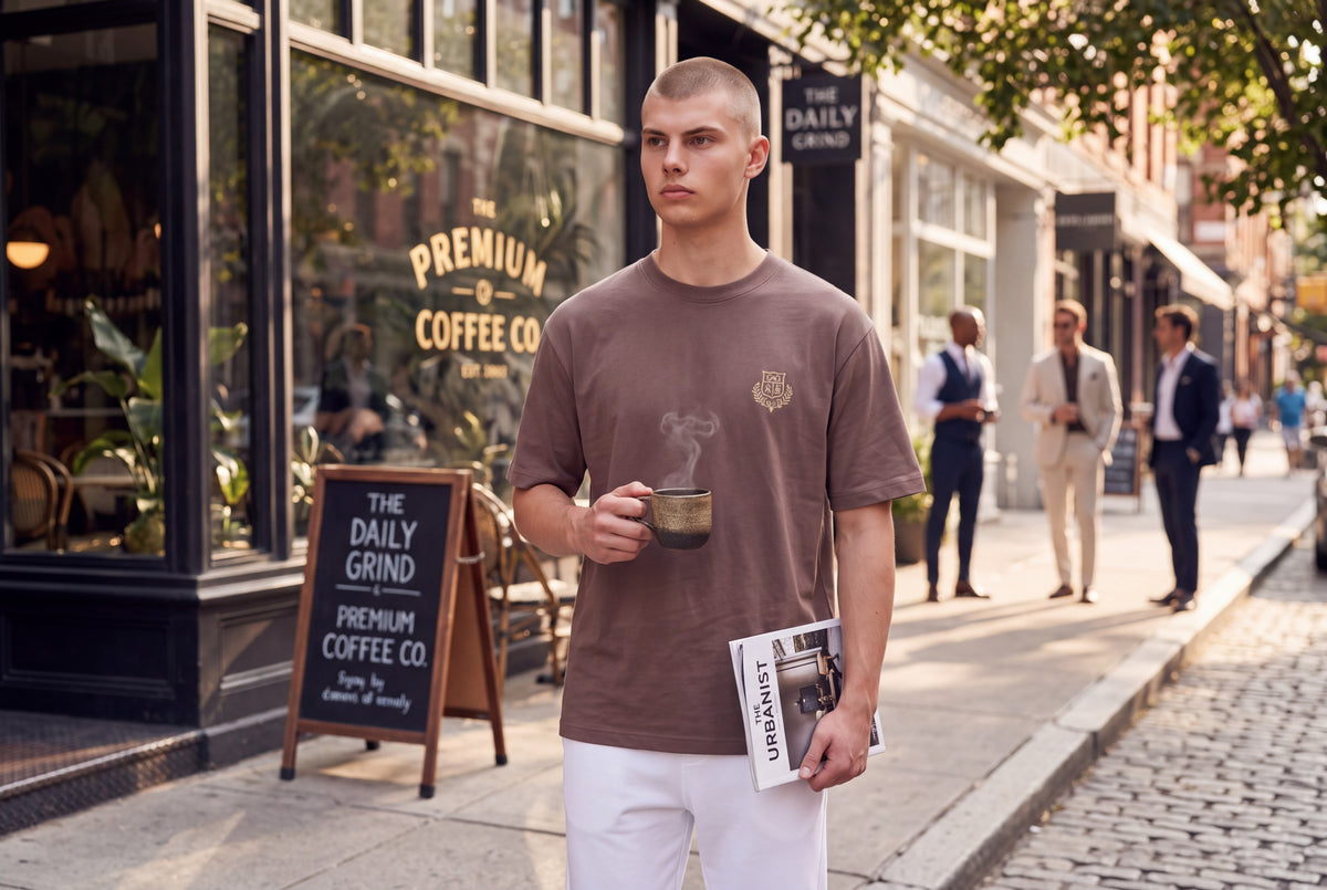 Men’s Mocha Brown Crest Logo Crew-Neck T-Shirt - Above the Crowd Boutique