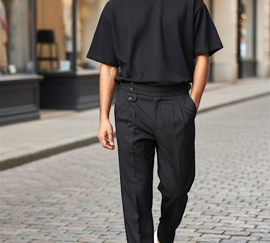 Men’s Pleated Tailored Trousers with Side Buckle Tabs - Above the Crowd Boutique