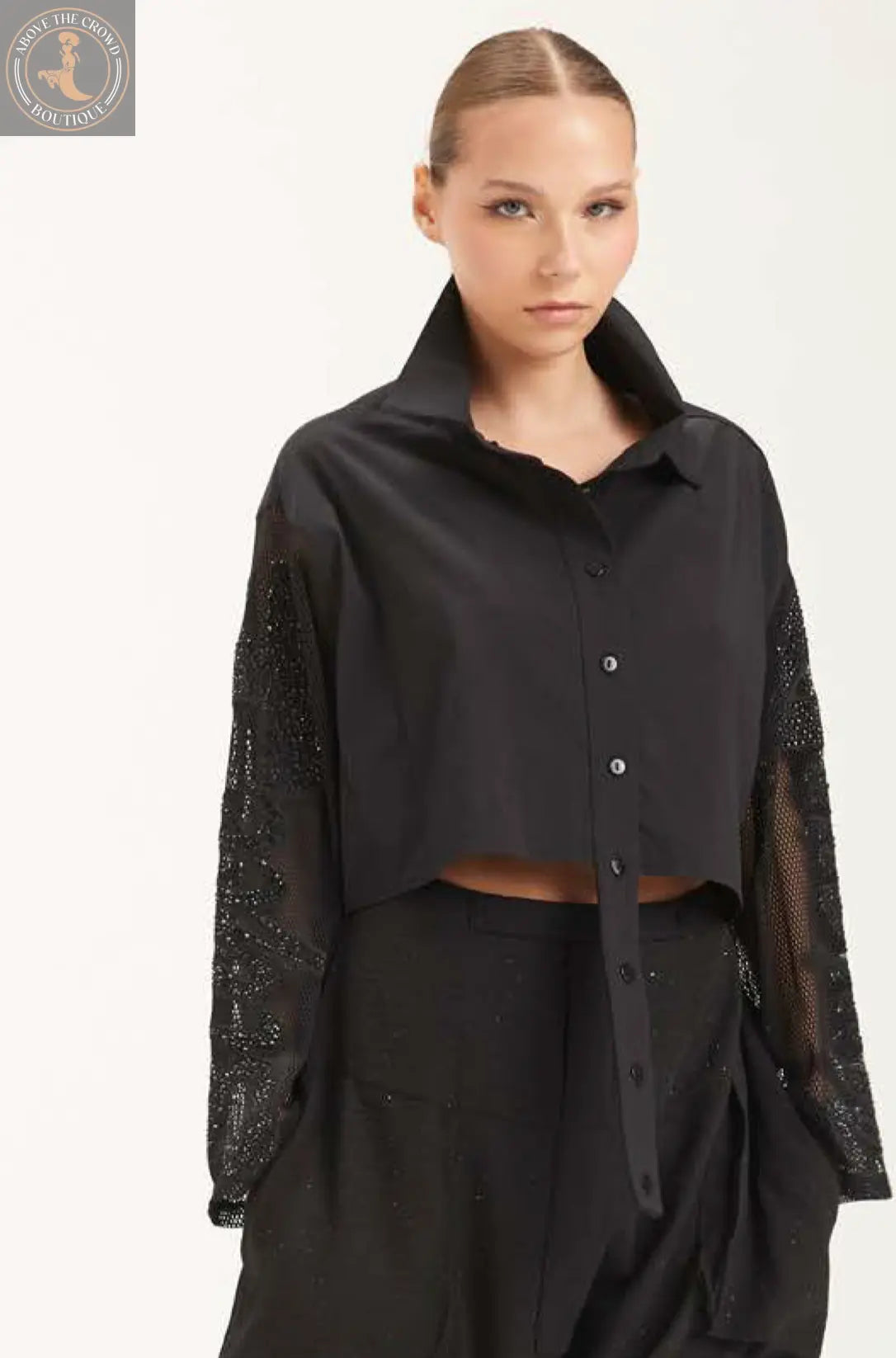 Mesh Sleeve Button-Down Top - Avant-Garde Black Cropped Shirt H-4