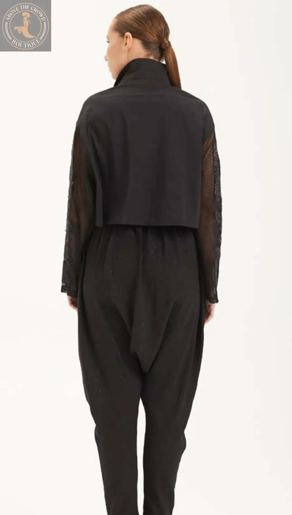 Mesh Sleeve Button-Down Top - Avant-Garde Black Cropped Shirt H-4