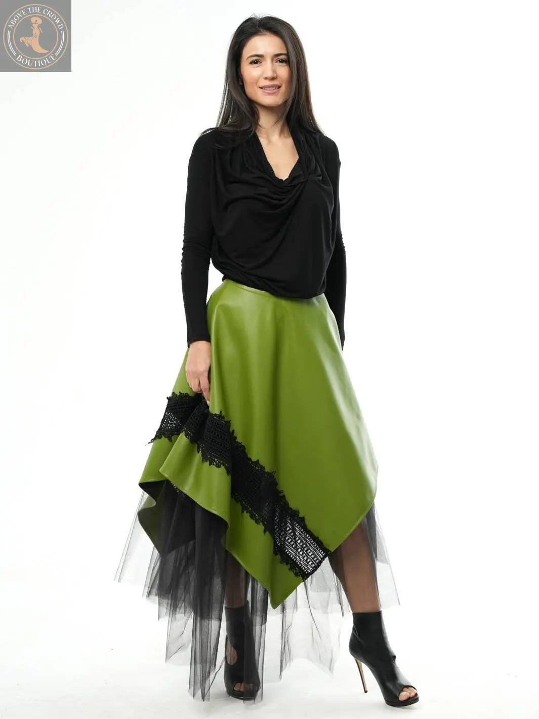 Metamorphosa Vegan Leather Tulle Skirt - Green Boho Midi Skirt Metamorphoza